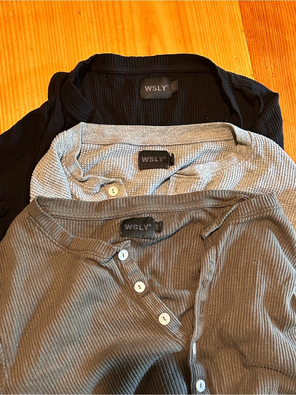 WSLY Long-Sleeve Ribbed Button-Front Tops in Black, Gray, and Taupe